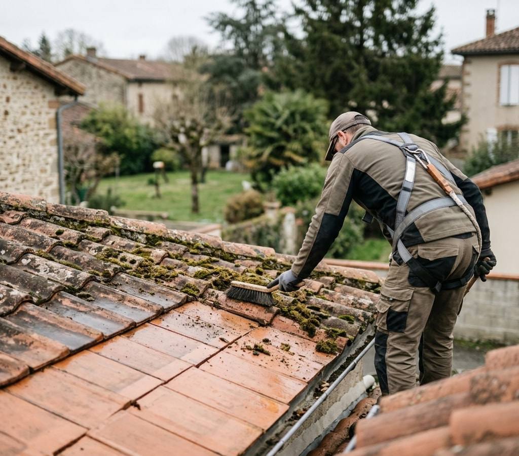 Toiture démoussée et rincée dans le Tarn