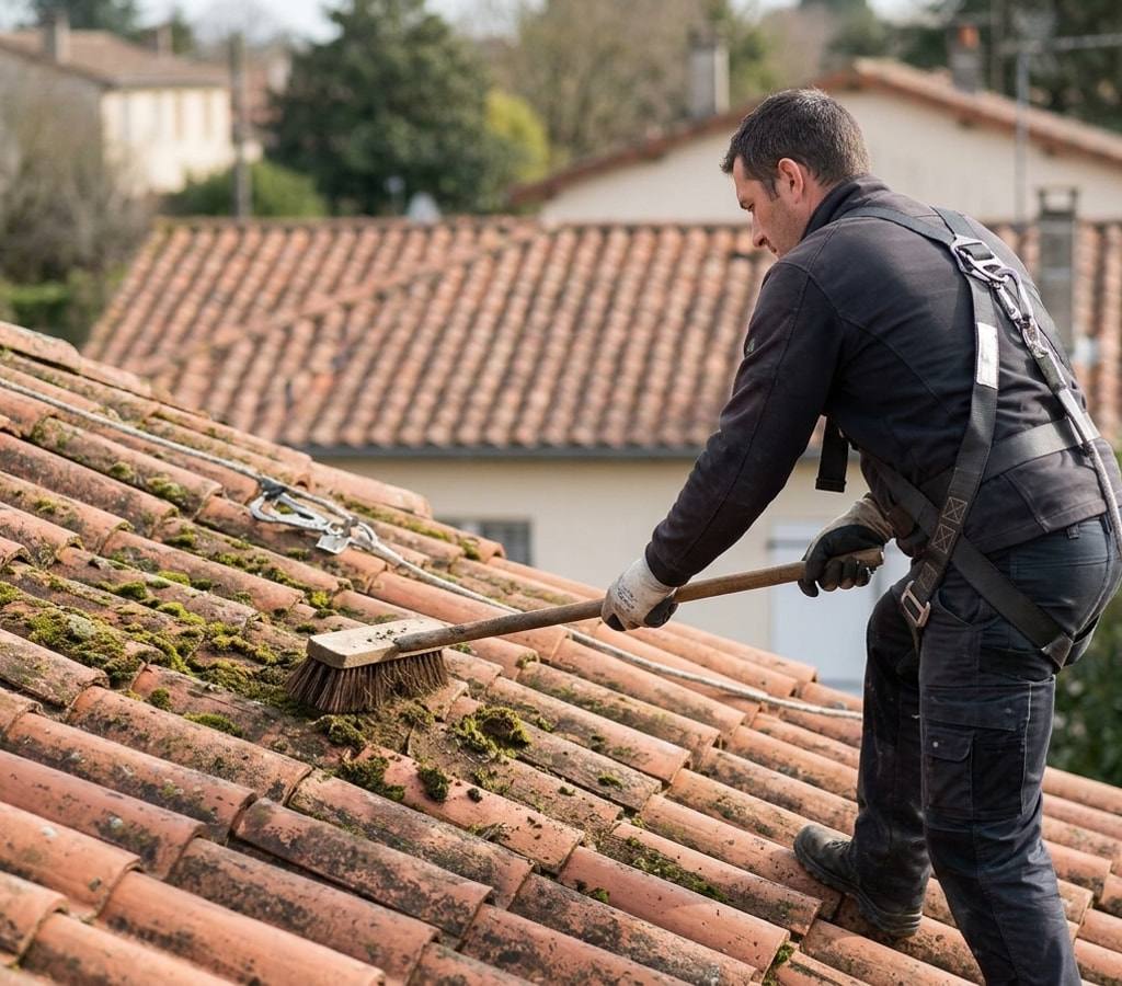 Tuiles nettoyées après démoussage et rinçage